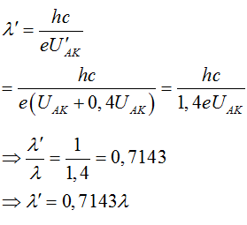 .

– Bước sóng ngắn nhất của tia X ban đầu:

– Bước sóng ngắn nhất của tia X sau khi tăng điện áp thêm 40% là:

–   Phần trăm bước sóng giảm đi: