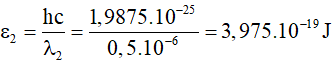 - Năng lượng photon của bức xạ λ1 :

- Năng lượng photon của bức xạ λ2 :

- Ta có:

- Thay ε1  và ε2  vào phương trình trên ta được:

→ Giới hạn quang điện của kim loại trên: