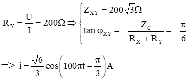 /span>

+ Với đoạn mạch X, dòng điện sớm pha hơn điện áp một góc π/3 → mạch có tính dung kháng và

+ Với đoạn mạch Y, dòng điện lại cùng pha với điện áp hai đầu mạch