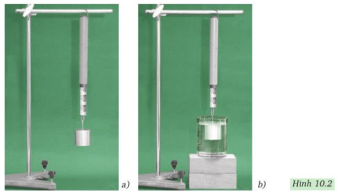 - Từ quan sát thu được: Khi kéo nước từ dưới giếng lên, ta thấy gàu nước khi còn ngập dưới nước nhẹ hơn khi đã lên khỏi mặt nước. Vậy một vật khi bị nhúng trong nước có phải đã chịu tác dụng của một lực đẩy?

- Có thể đưa ra giả thuyết: Một vật nhúng trong chất lỏng bị chất lỏng tác dụng một lực đẩy hướng từ dưới lên.

- Để kiểm tra giả thuyết này, người ta tiến hành thí nghiệm như hình dưới.

Treo một vật nặng vào lực kế, lực kế chỉ giá trị  P (H. 10.2a). Nhúng vật nặng chìm trong nước, lực kế chỉ giá trị P1 (H.10.2b). P1 < P chứng tỏ điều này chứng tỏ khi nhúng trong nước, nước đã tác dụng vào vật nặng một lực đẩy hướng từ dưới lên.

- Kết quả thí nghiệm đã ủng hộ giả thuyết:  Một vật nhúng trong chất lỏng bị chất lỏng tác dụng một lực đẩy hướng từ dưới lên. Lực đó được gọi là lực đẩy Ác-si-mét.