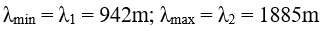 - Áp dụng công thức:

- Thay C1  = 2,5nF = 2,5.10-9 F và C2  = 10.10-9 F lần lượt vào công thức tính bước sóng ta thu được: