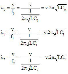 .

Khi cho lần lượt C = C0 = 40 pF, C = C1 = 10 pF và C = C2 = 640 pF thì thu được sóng điện từ có bước sóng tương ứng là:

Với v là vận tốc truyền sóng điện từ. Từ đó ta thấy: