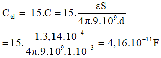  Tụ xoay gồm 15 tụ điện giống nhau ghép song song.

- Suy ra điện dung tương đương của tu xoay:

- Bước sóng mạch thu được: