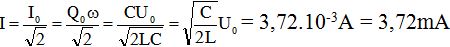 ChọnA.

Phương trình điện tích trong mạch dao động là q = Q0cos(ωt + φ), phương trình cường độ dòng điện trong mạch là

, suy ra cường độ dòng điện hiệu dụng trong mạch được tính