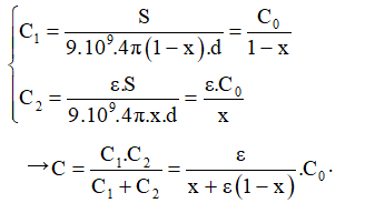 Ta có hình vẽ:

- Nếu ghép sát vào một bản tụ một tấm điện môi có hằng số điện môi ε có bề dày bằng x lần bề dày của lớp không khí (x < 1) và các yếu tố khác không đổi thì bộ tụ C gồm hai tụ C1 , C2  ghép nối tiếp:

- Bước sóng mạch thu được là: