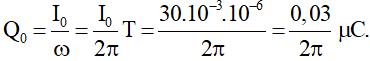 - Tại t = 0, i = 0,5I0  và đang tăng, dòng điện đổi chiều khi i = 0 A, tương ứng với:

- Điện tích cực đại trên bản tụ: