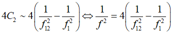 - Tần số của mạch dao động LC được tính theo công thức:

- Khi C = C1  thì:

- Khi C = C1  + C2  thì:

- Từ đó suy ra:

- Thay số vào ta tính được tần số khi C = 4C2  là f = 20MHz