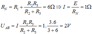 Do r = 0 nên hiệu điện thế mạch ngoài UN bằng suất điện động E của nguồn: UN = E

Mạch ngoài gồm R1 nt (R2//R3) nên