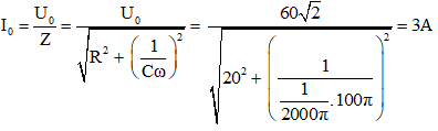 Mạch R nối tiếp tụ điện thì i sớm pha so với u một góc φ. Ta có u = 60√2cos100πt

→ i = I0 cos(100πt + φi )

Với

→ φ = φu  – φi  → φi  = φu  – φ = 0 – (-π/4) = π/4

Vậy i = 3cos(100πt + π/4) (A)