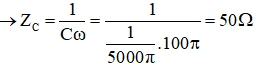 R = 30Ω, C = 1/5000π F 

L = 0,2/π H → ZL  = Lω = 20Ω

Tổng trở: 

Biểu thức của i:

Ta có: u = 120√2cos100πt (V) → i = I0 cos(100πt + φi )

Với 

→ φ = φu  – φi  → φi  = φu  – φ = 0 – (-π/4) = π/4 rad

Vậy i = 4cos(100πt + π/4) (A)