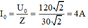 R = 30Ω, C = 1/5000π F 

L = 0,2/π H → ZL  = Lω = 20Ω

Tổng trở: 

Biểu thức của i:

Ta có: u = 120√2cos100πt (V) → i = I0 cos(100πt + φi )

Với 

→ φ = φu  – φi  → φi  = φu  – φ = 0 – (-π/4) = π/4 rad

Vậy i = 4cos(100πt + π/4) (A)