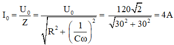 Cảm kháng: ZL  = L.ω = 100π.(0,3/π) = 30ω.

Mạch R nối tiếp với cuộn cảm thì i trễ pha so với u một góc φ.

Ta có u = 120√2cos100πt (V) → i = I0 cos(100πt + φi )

Với

→ φ = φu  – φi  → φi  = φu  – φ = 0 – π/4 = – π/4

Vậy i = 4cos(100πt – π/4) (A)