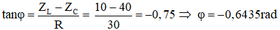 Ta có: R = 40Ω, C = 1/4000π F

L = 0,1/π → ZL  = Lω = 10Ω

Tổng quát:

 Biểu thức của i:

Ta có: u = 120√2cos100πt (V) → i = I0 cos(100πt + φi )

Với 

→ φ = φu  – φi  → φi  = φu  – φ = 0 – (- 0,6435) = 0,6435 rad

Vậy i = 2,4√2cos(100πt + 0,6435) (A)