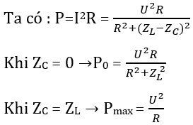 Khi ZC = ZCO = 2ZL thì PZC0 = P0

Khi ZC < 2ZL thì luôn có 2 giá trị của ZC để công suất tiêu thụ của mạch bằng nhau.

Khi ZC > 2ZL thì chỉ có 1 giá trị công suất