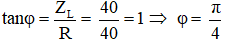Mạch R nối tiếp với L.

u = 80cos100πt (V); R = 40ω; UL  = 40V; U = U0 /√2 = 40√2V

Biểu thức của i, đoạn mạch R, L thì i trễ pha so với u một góc φ

Ta có: u = 80cos100πt (V) ⇒ i = I0 cos(100πt + φi ); Với I0  = I√2 = √2 (A)

→ φ = φu  – φi  → φi  = φu  – φ = 0 – π/4 = – π/4

Vậy i = √2cos(100πt – π/4) (A)