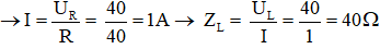 Mạch R nối tiếp với L.

u = 80cos100πt (V); R = 40ω; UL  = 40V; U = U0 /√2 = 40√2V

Vì uL  nhanh pha hơn cường độ dòng điện i một góc π/2, và uR  đồng pha với i nên U → R  và U → L  vuông góc với nhau.

Ta có: