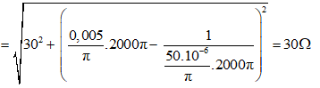 Tần số f = 1kHz = 1000Hz → ω = 2πf = 2000π rad/s.

Công suất tiêu thụ: 

Với 

Hệ số công suất: 