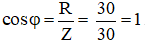 Tần số f = 1kHz = 1000Hz → ω = 2πf = 2000π rad/s.

Công suất tiêu thụ: 

Với 

Hệ số công suất: 