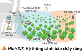 Trả lời:

- Bức xạ ion hóa gây đột biến và tạo ra các giống có đặc tính mới như hình dáng đẹp như cúc Chrysanethemum đột biến (Hình 3.5); năng suất cao chất dinh dưỡng tốt; chịu hạn tốt; đề kháng sâu bệnh và dễ thu hoạch như giống “siêu lúa” NPT 5 (Hình 3.6). Bức xạ ion hóa còn giúp tiêu diệt tế bào thực vật, côn trùng gây hại cho cây trồng, lương thực thực phẩm.

  

- Sự phát triển của công nghệ cảm biến kết nối không dây với điện thoại thông minh đã giúp tạo ra các thiết bị kiểm tra chất lượng nước cho các hồ thủy sản giúp người nuôi liên tục giám sát chất lượng nước trong hồ từ đó giảm rủi ro và tăng năng suất nuôi trồng. Trong lĩnh vực lâm nghiệp hệ thống cảm biến không dây cũng đang được sử dụng trong các hệ thống cảnh báo sớm và giám sát cháy rừng (Hình 3.7), từ đó bảo vệ nguồn oxygen cho Trái Đất.

- Sự phát triển của cơ khí tự động hóa cũng đã góp phần nâng cao năng suất của ngành nông nghiệp bằng việc kết hợp kiến thức về khí động lực học, các cảm biến chuyển động và công nghệ điều khiển không dây, máy bay không người lái đã được phát triển và ứng dụng vào việc chụp ảnh độ phân giải cao ở các khu vực trồng trọt. Sau đó các thuật toán xử lý hình ảnh sẽ phát hiện tình trạng sâu bệnh và mức độ phát triển của cây trồng (Hình 3.8).

- Ngoài ra các hệ thống tưới tự động sử dụng cảm biến độ ẩm hệ thống phun thuốc trừ sâu tự động không gây hại cho sức khỏe của con người; các máy móc cơ khí giúp cho quá trình nuôi trồng thu hoạch được thuận lợi hơn.