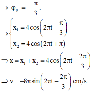 - Từ đồ thị dễ thấy rằng:

- Xét dao động x1  , ban đầu vật đi qua vị trí x = 0,5A = 2cm theo chiều dương:

- Với t = 1s , ta tìm được: