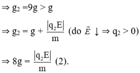 Ta có công thức con lắc đơn trong điện trường đều là: 

+ Khi con lắc tích điện q1 thì T1 = 2,5s

+ Khi con lắc tích điện q2 thì T2 = 0,5s

Từ (1) và (2) 