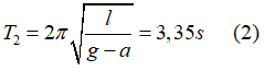 Chu kỳ của con lắc khi thang máy chuyển động thẳng đứng đi lên nhanh dần đều với gia tốc a là:

Chu kỳ của con lắc khi thang máy chuyển động thẳng đứng đi lên chậm dần đều với gia tốc a là: 

Chia (1) cho (2) ta được: a = 0,42g

 Thay giá trị của a vào (1) ta được:  

 

Với T là chu kỳ của con lắc khi thang máy không chuyển động