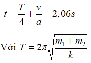 Phương pháp: Sử dụng phương pháp động lực học và phương pháp bảo toàn năng lượng.

Cách giải:

 Hai vật chuyển động đến vị trí vận tốc cực đại, vị trí đó là : 

Khi hai vật tách nhau ra, vật 1 tiếp tục dao động, vật 2 chuyển động chậm dần rồi dừng lại.

 Gia tốc chuyển động của vật 2 là:

Thời gian để vật 2 chuyển động đến khi dừng lại là: 