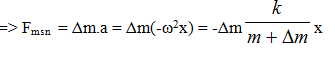 Chọn B

+ Lực quán tính cực đại: Fqtmax = Δmamax = Δmω2A =  = 0,075N.

+ Lực ma sát trượt: Fmst = μΔmg = 0,1N.

+ Điều kiện không trượt: Fqtmax  ≤  Fmst. Mà 0,075 < 0,1 => thỏa mãn điều kiện không trượt.

 

+ Từ định luật II Newton cho vật Δm:  