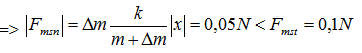 Chọn B

+ Lực quán tính cực đại: Fqtmax = Δmamax = Δmω2A =  = 0,075N.

+ Lực ma sát trượt: Fmst = μΔmg = 0,1N.

+ Điều kiện không trượt: Fqtmax  ≤  Fmst. Mà 0,075 < 0,1 => thỏa mãn điều kiện không trượt.

 

+ Từ định luật II Newton cho vật Δm:  