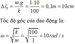 Đổi đơn vị k = 1N/cm = 100N/m; m =1000g = 1kg

 Độ dãn ban đầu của lò xo là:

Biên độ ban đầu của dao động là 10 cm. Tại ví trí x = 8 cm thì vận tốc của vật được xác định bởi biểu thức định luật bảo toàn cơ năng:

Tại vị trí x = 8 cm thì vật m= 200g bay đến va chạm với M và dính vào đó, hai vật sau đó cùng chuyển động. Áp dụng định luật bảo toàn động lượng cho hai vật ngay trước và ngay sau va chạm, ta có:  

Vì vật M chuyển động cùng chiều dương trục Ox và vật m chuyển động ngược chiều dương trục Ox nên ta thay các giá trị đại số vào biểu thức:

Vậy hệ vật sau va chạm vẫn chuyển động theo hướng Ox với vận tốc v.

 Tần số góc mới của hệ vật là:

Quãng đường vật đã đi được đến trước khi va chạm là : 10+ 8 = 18 cm

Vậy phần còn lại là 28,04-18=10,04 cm

 Quãng đường của phần còn lại được chia làm các đoạn : 0,8+ 8+ 0,44

Tính thời gian vật chuyển động từ lúc bắt đầu dao động (vật ở biên âm) đến khi va chạm (x = 8 cm)

 Sử dụng vecto quay:

Xét sau va chạm. quãng đường vật đi là: 0,8 + 8,8 +0,44 cm

Thời gian vật chuyển động sau va chạm đến khi tổng quãng đường là 28,04cm là