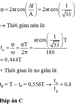 + Gọi x1, x2, x3 là li độ ứng với từng vị trí giãn của lò xo.

+ Áp dụng công thức độc lập ta được: 

+ Thời gian lò xo nén tương ứng với vật dao động từ vị trí có ly độ  D  l đến ly độ  -  A ứng với góc quét là: