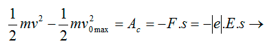 Đáp án : C

Áp dụng hệ thức Anhxtanh ta có:

Khi electron chuyển động trong điện trường có cường độ điện trường E thì nó chịu tác dụng của lực điện trường F =|e|.E, công do lực điện trường này cản electron là Ac = F.s, với s là quãng đường mà electron đi được.

Quãng đường tối đa mà electron có thể đi được đến khi dừng lại (v = 0) được tính theo định lý động năng:

(do v = 0)

Thay số ta tính được s = 0,015 (m) = 1,5 (cm).