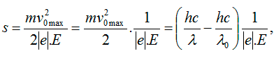 Đáp án : C

Áp dụng hệ thức Anhxtanh ta có:

Khi electron chuyển động trong điện trường có cường độ điện trường E thì nó chịu tác dụng của lực điện trường F =|e|.E, công do lực điện trường này cản electron là Ac = F.s, với s là quãng đường mà electron đi được.

Quãng đường tối đa mà electron có thể đi được đến khi dừng lại (v = 0) được tính theo định lý động năng:

(do v = 0)

Thay số ta tính được s = 0,015 (m) = 1,5 (cm).