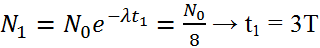                                                                                  

Gọi T là khoảng thời gian mà một nửa số hạt nhân của hỗn hợp hai đồng vị bị phân rã (chu kỳ bán rã của hỗn hợp, ta có thể tính được T = 5,277 ngày).

Sau thời gian t1 số hạt nhân của hỗn hợp còn lại   (*)

Sau thời gian t2 số hạt nhân của hỗn hợp còn lại   (**).                               

 Từ (*) và (**)  suy ra t1/t2 = 3/2 hay t1 = 1,5t2