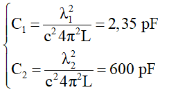 - Ta có:

- Để thu được các sóng vô tuyến có bước sóng từ 10 m tới 160 m thì điện dung của tụ điện phải có giá trị trong khoảng từ 2,35 pF tời 600 pF.