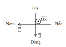 Phương pháp: 

Các vecto   \(\vec E,\vec B\)   và hướng truyền sóng đôi một vuông góc với nhau tuân theo quy tắc bàn tay phải: đặt bàn  tay phải sao cho vecto  \(\overrightarrow B \)   hướng vào lòng bàn tay, ngón tay cái choãi ra chỉ chiều của   \(\overrightarrow E \)   , bốn ngón tay  hướng theo chiều truyền sóng điện từ 

Trong sóng điện từ, điện trường và từ trường luôn biến thiên cùng pha:   \(\frac{E}{{{E_0}}} = \frac{B}{{{B_0}}}\)

Cách giải: 

Nhận xét: điện trường và từ trường biến thiên cùng pha, ta có:

\(\frac{E}{{{E_0}}} = \frac{B}{{{B_0}}} = \frac{1}{2} \Rightarrow B = \frac{{{B_0}}}{2}\)

Áp dụng quy tắc bàn tay phải, ta có hình vẽ:

Từ hình vẽ ta thấy vecto cảm ứng từ hướng về phía Đông

. 