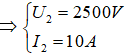 .

Ta có:  

Độ sụt thế:   U = I2R = 10.30 = 300V

Điện áp nơi tiêu thụ: U’ = U2 -   U = 2500 – 300 = 2200V