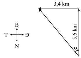 Lời giải   Biểu đồ     Độ dịch chuyển tổng hợp:  \[d = \sqrt {{{5,6}^2} + {{3,4}^2}} = 6,6\,km\]

\[\tan \alpha = \frac{{3,4}}{{5,6}} \Rightarrow \alpha = {31,3^0},\] độ dịch chuyển có hướng lệch về phía  T ây 310 so với hướng Bắc.