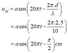 Bước sóng của nguồn phát ra là:

Phương trình dao động của điểm M nằm trên phương truyền sóng cách O một đoạn 2,5 cm là 