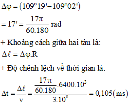 + Ra da và tàu cùng trên một vĩ độ => Tọa độ của hai tàu chênh nhau một góc:

=> .