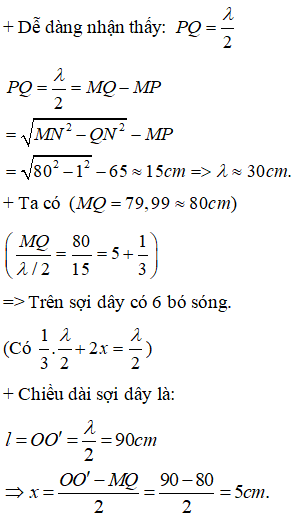 + Các điểm thuộc cùng một bó sóng dao động cùng pha nhau, các điểm thuộc bó sóng lẻ dao động ngược pha với các điểm thuộc bó sóng chẵn.

+ Khoảng cách xa nhất giữa hai phần tử dây dao động cùng biên độ 5 mm ở hai bó sóng ngoài cùng (cùng cách mỗi đầu cố định một khoảng x) là: MN=80cm

+ Khoảng cách xa nhất giữa hai phần tử dây dao động cùng pha cùng biên độ 5 mm là: MP=65cm