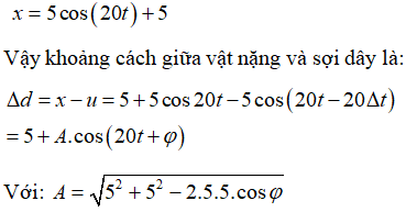 rục Ox trùng với trục của lò xo, điểm O trùng với vị trí cân bằng của sợi dây.

 Ta viết được phương trình dao động của sợi dây là: 

Tại thời điểm ∆t thì phương trình dao động của sợi dây là:

Ban đầu lò xo bị nén 2,5cm, vậy biên độ dao động của lò xo là 5cm.

 Phương trình dao động của con lắc lò xo là:

Điều kiện để vật dao động và sợi dây không chạm nhau là ∆d > 0

Dùng phép thử các đáp án, ta