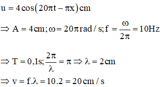 Đáp án  C

Áp dụng công thức tính vận tốc truyền sóng trong sóng cơ học v = f .λ

Phương trình tổng quát của một sóng cơ lan truyền trong môi trường là: 

So sánh với phương trình: 