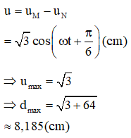 Bước sóng ứng với 12 ô = 24 cm (mỗi ô 2 cm)

VTCB của M và N cách nhau 4 ô (8 cm) nên 

Pt dao động:

Khoảng cách của M và N:

Có: