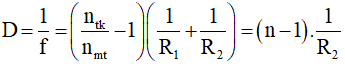 - Thấu kính mỏng gồm một mặt phẳng (R1  = ∞), một mặt lồi (R2  = 20cm = 0,2m).

- Độ tụ của thấu kính:

   (Ở đây môi trường bao quanh thấu kính là không khí nên nmt  = 1)

- Hiệu số độ tụ của thấu kính đối với tia đỏ, tia tím là: