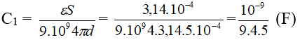 Điện dung của một tụ 

Điện dung của bộ tụ xoay  (gồm 9 tụ mắc song song)

Bước sóng điện từ mà khung này thu được