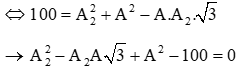  

+ Từ hình vẽ, áp dụng định lý hàm cos trong tam giác ta có:

A12 = A22 + A2  -   2A2Acos(A,A2)

   

+ Phương trình trên luôn có nghiệm nên:

D   = 3A2  -   4(A2  -   100)  ³   0  ®   A  £   20  ®   Amax = 20 cm

 