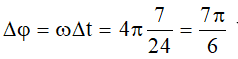 - Tại t = 0 vật đi qua vị trí x = 0,5A = 3cm theo chiều âm, sau khoảng thời gian: Δt = 7/24 s tương ứng với góc quét:  vật đi đến vị trí cân bằng theo chiều âm.