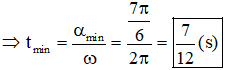 Đáp án  D

Khi

theo chiều dương.

Thời gian nhỏ nhất ứng với vật đi từ t = 0 (tại biên dương) đến theo chiều dương và quay được góc αmin = 7π/6 