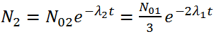 Gọi N01 là số hạt nhân ban đầu của nguồn phóng xạ 1

Gọi N02 là số hạt nhân ban đầu của nguồn phóng xạ 2. Thì N02 = N01/3.

Sau thời gian t số hạt nhân còn lại của mỗi nguồn là:

 và 

Tổng số hạt nhân còn lại của 2 nguồn:

Khi t = T (T là chu kỳ bán rã của hỗn hợp) thì N = 1/2(N01 + N02) = 2/3 N01.   (2)

 Từ (1) và (2) ta có: 

Đặt ,  ta được: x 2 + 3x – 2 = 0 (*)

Phương trình (*) có nghiệm x = 0,5615528.  Do đó : 

Từ đó 